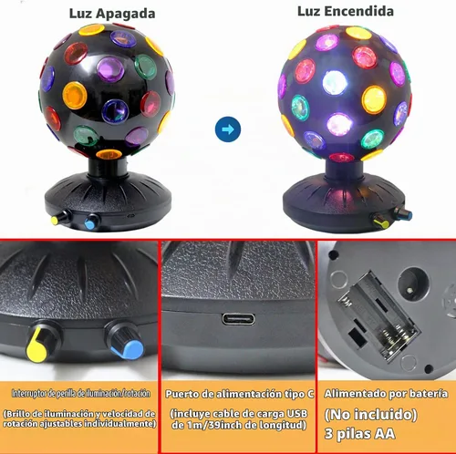 Vista 3 de Proyector de luz nocturna LED de bola de discoteca giratoria de 360°, lámpara ajustable de brillo para fiestas, iluminación, Halloween, Navidad Negro