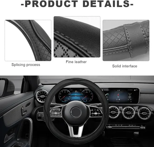 Vista 4 de Funda para volante de automóvil, 15 pulgadas, antideslizante, de cuero transpirable, protector de volante suave envolvente completo para hombres