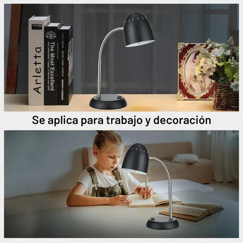 Vista 4 de Lámpara de mesa de diseños simples para cuidar los ojos, lámpara de escritorio básica de metal LED E26 con cuello de ganso flexible, lámpara de Negro