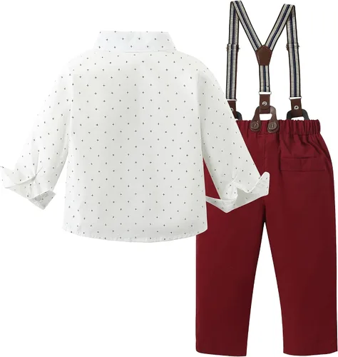 Vista 8 de DISAUR Ropa para bebé niño, camisa de vestir con corbatín y pantalones de tirantes, conjuntos de traje de caballero para boda de 1 a 6 años