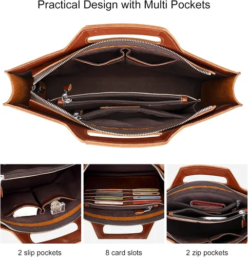 Vista 6 de PIJUSHI Maletín de piel auténtica para hombres y mujeres, bolso delgado para laptop para negocios
