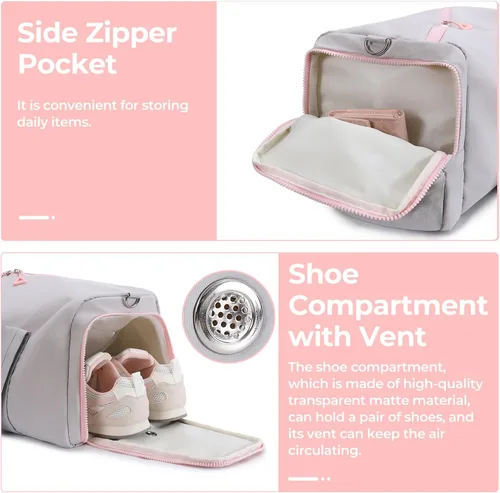 Vista 4 de Bolsa de gimnasio para mujer con compartimento para zapatos y artículos húmedos, bolsa de lona para viajes, deportes, yoga, fitness y entrenamiento