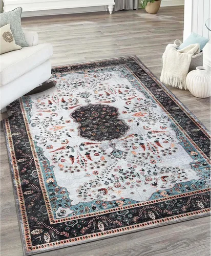 Vista 35 de SUPERIOR Medallion - Alfombra lavable, respaldo de algodón, alfombra para mesa de comedor, alfombra para vestíbulo, de fácil cuidado, alfombra Negro