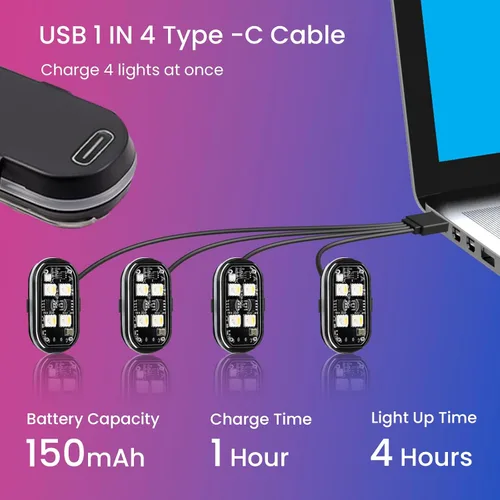 Vista 4 de 4 piezas de luces estroboscópicas LED inalámbricas para automóvil, luz intermitente recargable USB tipo C, luces estroboscópicas con control remoto