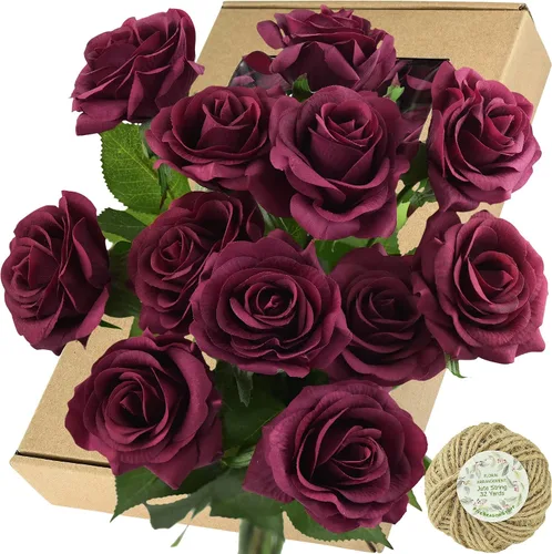 Vista 17 de FiveSeasonStuff 12 tallos de flores artificiales azul hielo, rosas de seda de tacto real para decoración de boda, en caja de regalo Azul helado