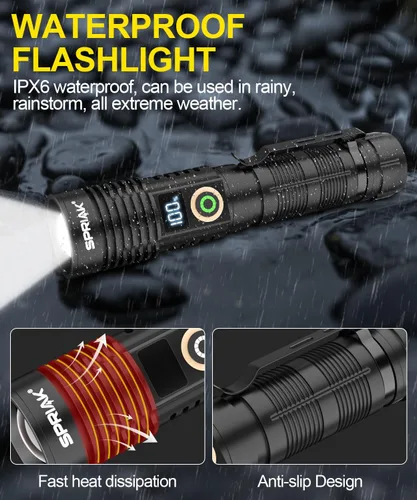 Vista 4 de Linterna recargable de alto lúmenes, luz magnética súper brillante con pantalla digital de potencia, largo alcance, regulable, impermeable, linterna