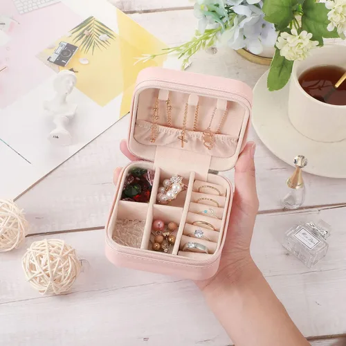 Vista 4 de Pequeñas cajas de cuero PU de joyería de viaje a granel para mujeres niñas, cajas de regalo de dama de honor, organizador de joyas portátil