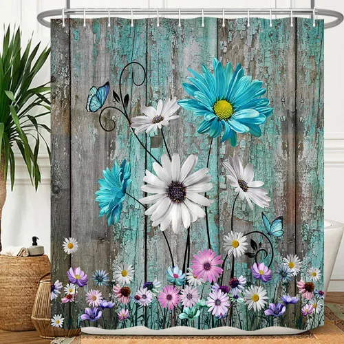 Vista 10 de Cortina de ducha rústica con diseño floral, cortina de ducha rústica con margaritas, cortina de ducha de madera rústica con ganchos, 36 x 72 Verde
