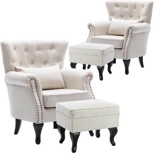 Vista 22 de chairus Silla de Acento Moderna de Mediados de Siglo con Otomana, Cómoda Silla Individual de Sofá de Lino con Botones Capitoné Sillón Orejero