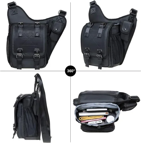 Vista 5 de Bolso de mensajero de lona vintage para hombre, bolso de mensajero de retazos de cuero en el pecho