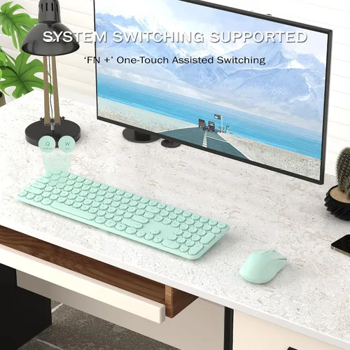 Vista 7 de Combo de teclado y mouse inalámbricos, 110 teclas silenciosas redondas, mouse óptico ajustable, 1 receptor USB, interruptor de alimentación