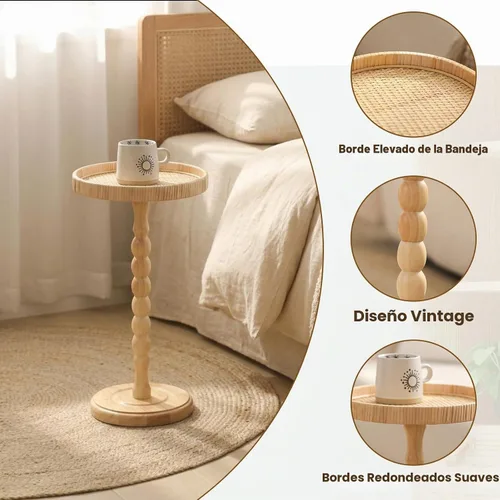 Vista 6 de Mesa pequeña para bebidas, mesa auxiliar redonda de ratán para espacios pequeños, mesa auxiliar bohemia con patas de madera maciza para sala