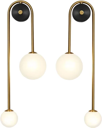 Vista 10 de Lámpara de pared moderna de mediados de siglo con forma de globo para interiores, 2 luces, color negro y dorado, con vidrio de leche, lámparas