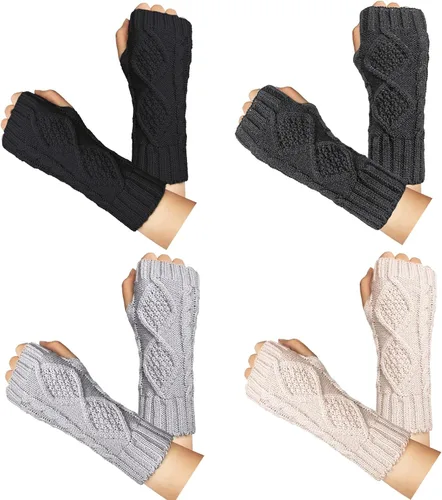 Vista 12 de Loritta Guantes sin dedos para mujer, calentadores de brazos con orificio para el pulgar de invierno de punto y ganchillo A1-beige/gris claro/gris