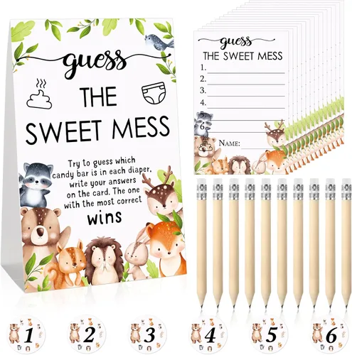Vista 11 de Juego de 67 piezas de pañales sucios de Guess The Sweet Mess para baby shower, incluye letrero de Adivina el dulce lío, 50 tarjetas pequeñas, 10