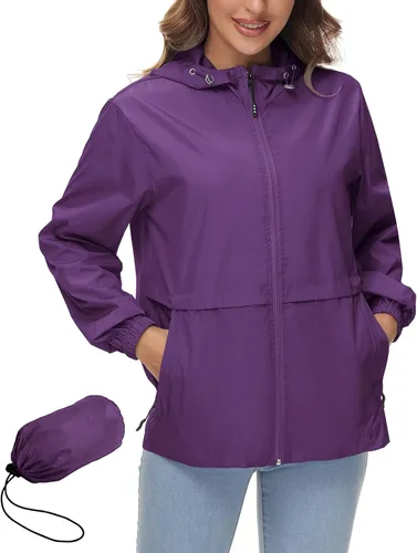 Vista 16 de Avoogue Chaqueta impermeable para mujer, ligera, plegable, con capucha, rompevientos para exteriores