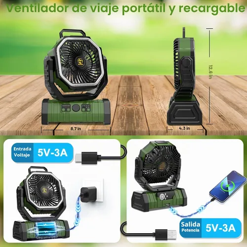 Vista 7 de Ventilador de camping recargable 20000mAh con linterna LED, ventilador con pilas Auto-Oscillating Portable Fan with Remote & Hook, 4 Speeds