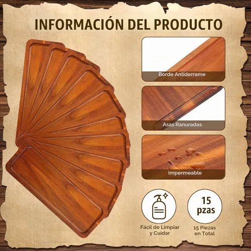 Vista 3 de Skylety Paquete de 15 bandejas de madera maciza para servir grandes de acacia para fiestas, tablero rectangular de charcutería con mango ranurado
