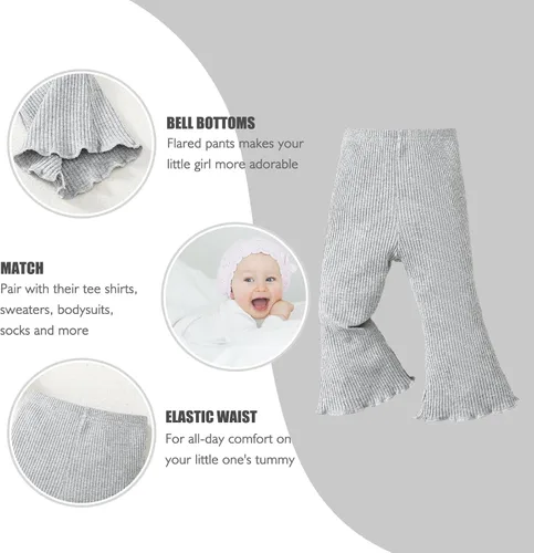 Vista 4 de SOBOWO Pantalones acampanados para bebé, paquete de 3 unidades para niña pequeña, color liso, acanalado, con volantes, pantalones acampanados