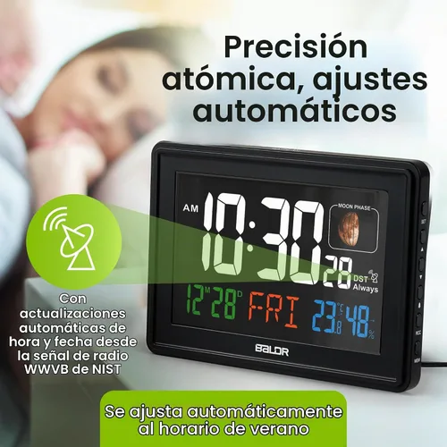 Vista 5 de BALDR Relojes Atómicos para Dormitorios Pantalla Digital Grande - Negro - Reloj de Escritorio con Temperatura Interior y Humedad, Reloj de Mesa