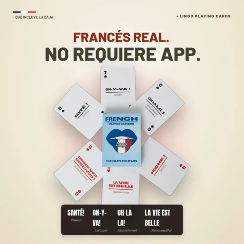 Vista 6 de Lingo French Playing Cards Regalo de la herencia francesa Amantes de la cultura y noche de juegos familiares 52 frases para viajes, fiestas