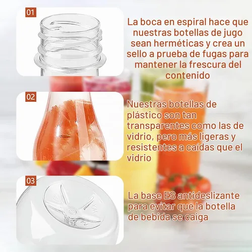 Vista 4 de WUWEOT Paquete de 30 botellas de plástico para jugos, botellas de bebidas desechables transparentes de 10 onzas con tapas blancas a prueba