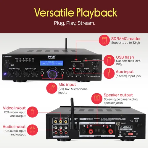 Vista 2 de Pyle Amplificador de potencia Bluetooth inalámbrico de 200 W, receptor estéreo de doble canal con lector flash USB, tarjeta SD, AUX, entrada