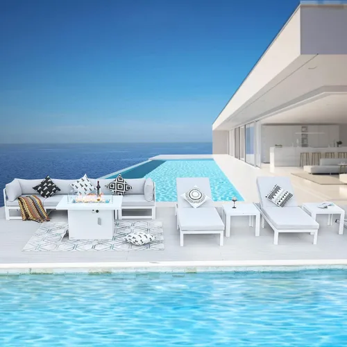 Vista 27 de BULEXYARD - Sofá modular de aluminio para exteriores con mesa para fogata, 7 piezas, color verde azulado