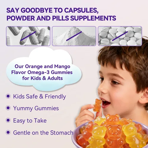 Vista 7 de Gomitas Omega 3 para niños y adolescentes – Suplemento Omega DHA y EPA sin azúcar para el cerebro y la inmunidad de los niños – Sin eructos