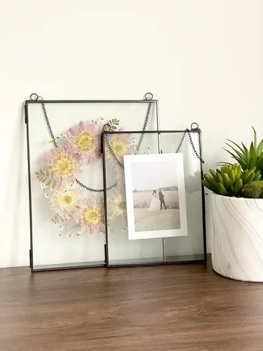 Vista 5 de Beedecor Juego de 2 marcos colgantes de vidrio doble para flores prensadas, hojas y obras de arte, marco flotante de metal grande con cadena, marcos