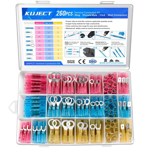 Vista 15 de Kuject 90 piezas conectores de alambre termorretráctiles, kit de terminales de cable eléctrico impermeables multiusos, conectores de crimpado