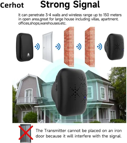 Vista 4 de Timbre inalámbrico autoalimentado con enchufe de EE. UU., sin batería, distancia de 38 canciones, timbre de puerta para exteriores, impermeable
