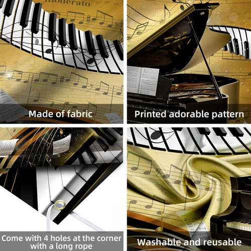 Vista 7 de Telón de fondo con tema de piano de 7 x 5 pies, notas musicales doradas, fondo de foto, tema musical, decoración de fiesta de cumpleaños, pancarta