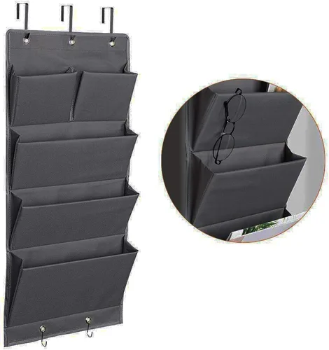 Vista 8 de Organizador de 5 bolsillos para colgar sobre la puerta y almacenamiento con ganchos, montaje en pared, suministros de oficina, carpetas de archivos