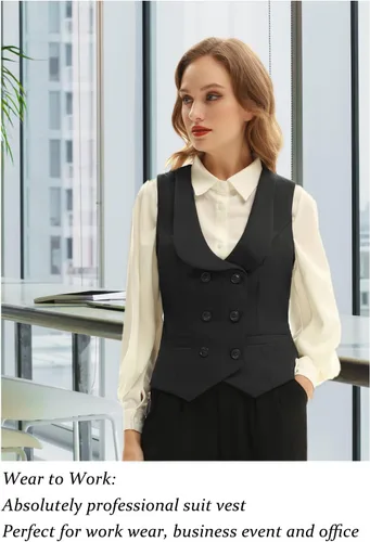 Vista 4 de Belle Poque Chaleco de doble botonadura para mujer, chaleco vintage con cuello de solapa y 2 bolsillos