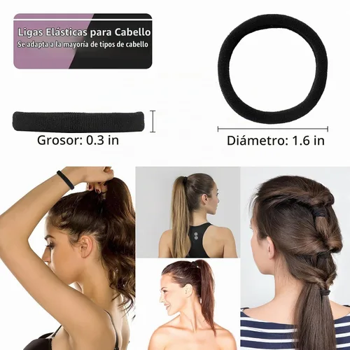 Vista 2 de 100 unidades de gomas de pelo negras para mujeres, bandas de pelo de algodón sin costuras, gomas de pelo sin arrugas ni daños para cabello grueso