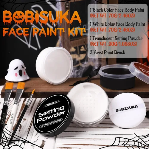 Vista 2 de BOBISUKA Pintura facial en blanco y negro + polvo de fijación + 3 pinceles de artista, kit de pintura facial para adultos, gran capacidad, paleta