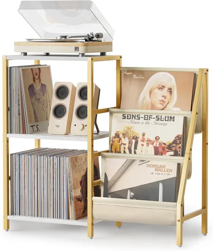 Vista 15 de Bikoney Soporte para Tocadiscos, Soporte para Tocadiscos con Almacenamiento de Discos de Vinilo de 3 Niveles, Mesa para Tocadiscos de Hasta 200