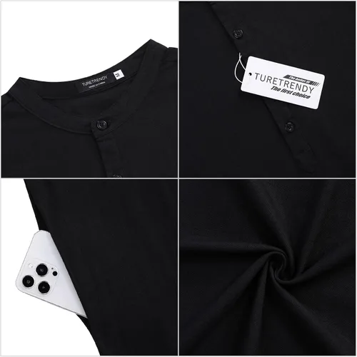 Vista 5 de TURETRENDY Bata de manga larga para hombre, estilo caftán, con botones, estilo Henley, casual, con abertura lateral, con bolsillo