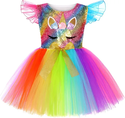 Vista 2 de Soyoekbt Girls Unicorn Costume LED Light Up Unicorn Dress Birthday Party Princess Dress for Halloween Party