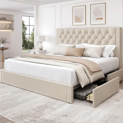Vista 17 de LARMACE Base de cama tamaño matrimonial con 4 cajones de almacenamiento y cabecera copetada, base de cama tapizada en lino con listones de madera