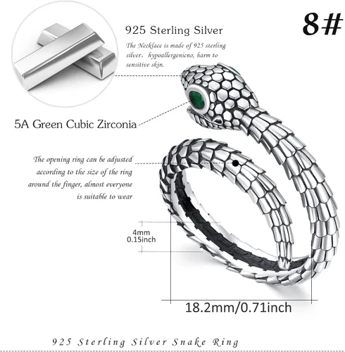 Vista 6 de OHAYOO Anillo de plata de ley 925 con diseño de serpiente 3D, ajustable, estilo gótico, estilo punk, retro, personalidad alrededor de serpiente