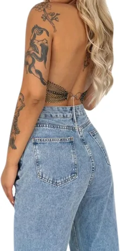 Vista 5 de Camiseta corta sin espalda con diamantes de imitación brillantes para mujer, sexy, halter, transparente, para salir por la noche, fiesta, club