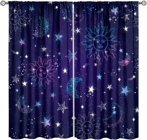 Vista 40 de Cortinas opacas con diseño de sol y luna, cuerpos celestes bohemios, con diseño de sol, luna y estrellas, para sala de estar, dormitorio, 42 x 45
