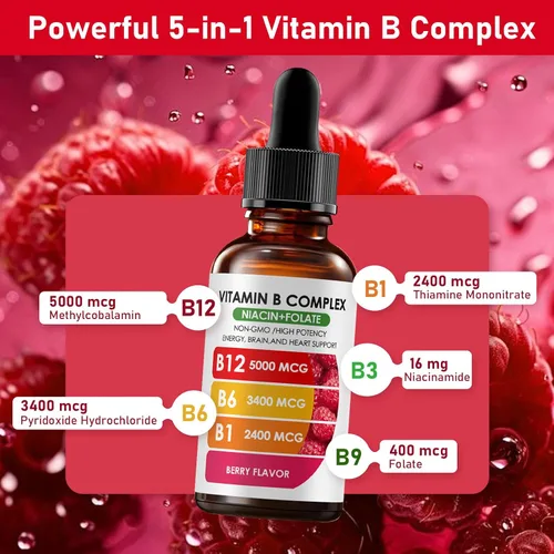 Vista 2 de Complejo de vitamina B12 con suplemento líquido de frambuesa B1, B6, vitamina B12, vitamina esencial 5 en 1 complejo de vitamina B, función