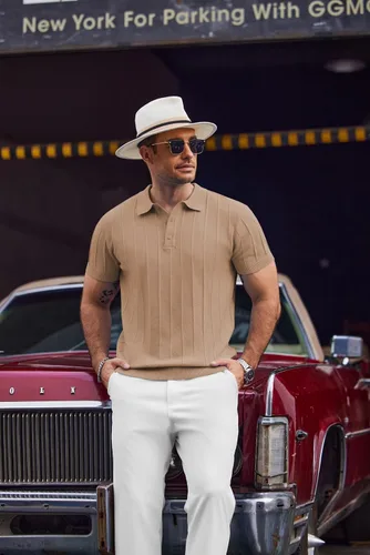 Vista 116 de COOFANDY Camisas polo de punto para hombre de manga corta con textura acanalada Camisas de golf casuales y ligeras con cuello Camiseta de polo