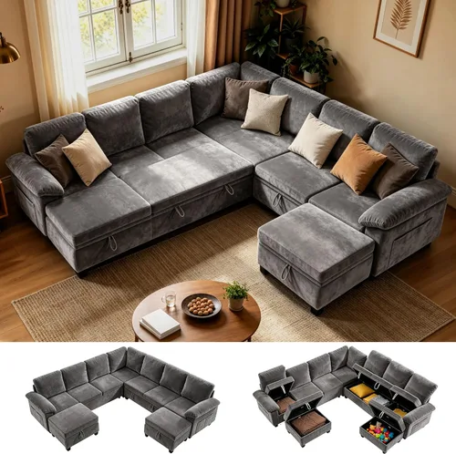 Vista 12 de 86" L-Shaped Sectional Sleeper Couch, Modular Pull-Out Storage Sofa Bed Green