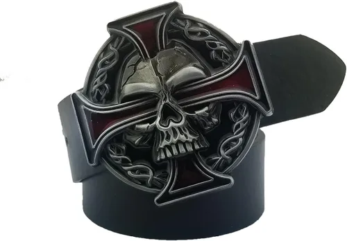Vista 2 de YOQUCOL QUKE - Hebilla de cinturón de cruz celta con diseño de calavera vintage para hombre, plateado