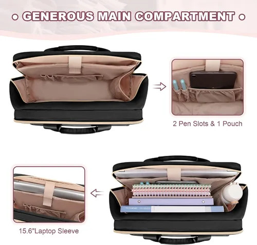 Vista 5 de Bolso para profesora con organizador de archivos de acordeón, maletín para laptop de 39.6 cm para mujeres, profesora, tutora, enfermera y Negro
