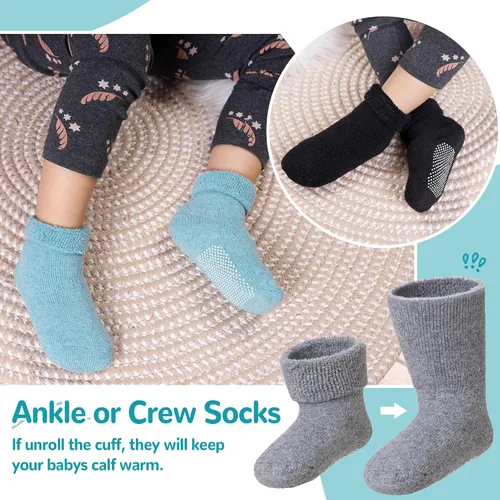 Vista 3 de 6 pares de calcetines antideslizantes para bebés, niños y niñas, calcetines cálidos de lana gruesa y suave con empuñaduras